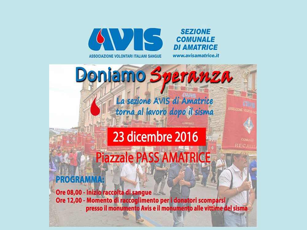 Ad Amatrice si torna a donare sangue. Venerdì evento Avis "Doniamo la speranza"