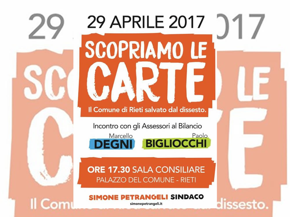 Il 29 aprile l'incontro: “Scopriamo le carte. Il Comune di Rieti salvato dal dissesto"
