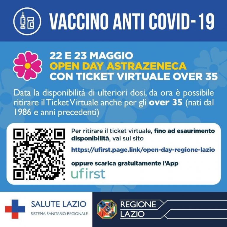 22 e 23 maggio Open Day vaccini Over 35 con ticket virtuale