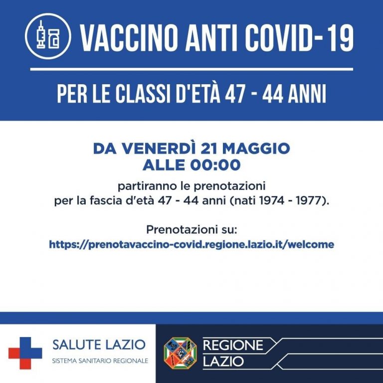 Vaccini anti-covid, dal 21 maggio prenotazioni 47 – 44 anni