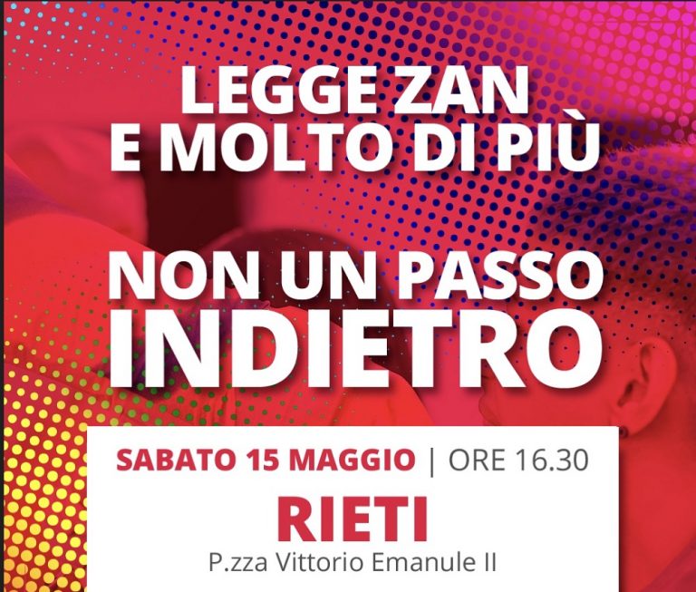 Sabato 15 maggio anche Rieti avrà la sua piazza in difesa dei diritti e a sostegno della legge Zan