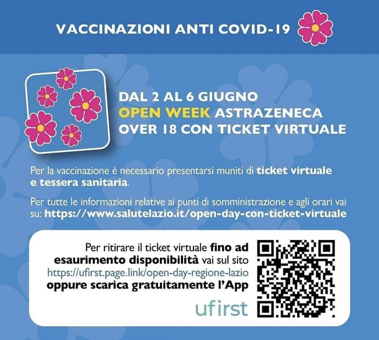 Coronavirus, fino al 6 giugno Open Week Astrazeneca over 18 con ticket virtuale