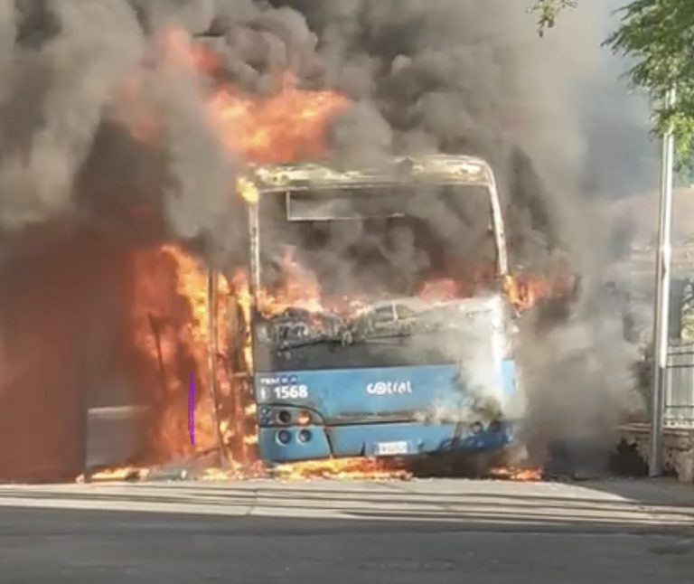 VIDEO – Mompeo, bus Cotral in fiamme a ridosso delle abitazioni