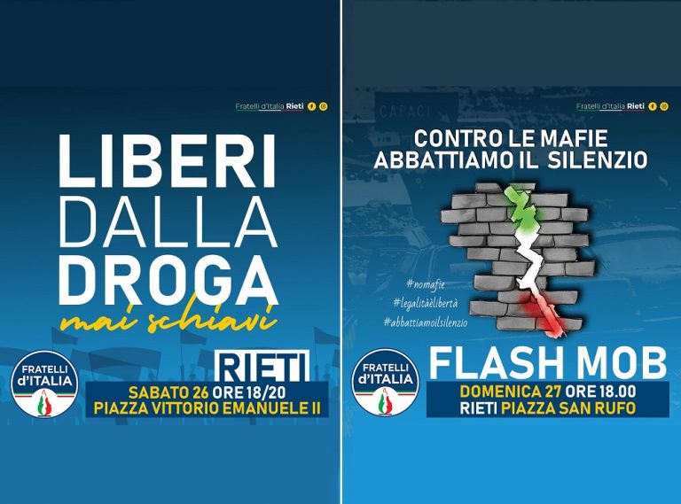 Fratelli d’Italia Rieti il 26 e 27 giugno scende in piazza contro il consumo e lo spaccio di droga e contro le mafie