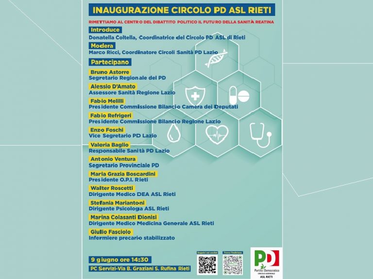 Il 9 giugno dibattito sulla Sanità reatina a cura del Circolo del PD della Asl Rieti