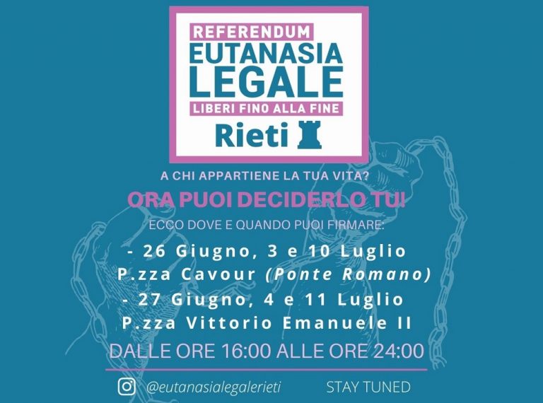 Raccolta firme per il Referendum sull’Eutanasia Legale. Tre appuntamenti a Rieti