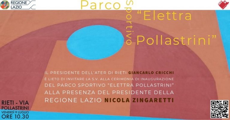 Venerdì 9 luglio a Rieti inaugurazione del Parco Sportivo Elettra Pollastrini