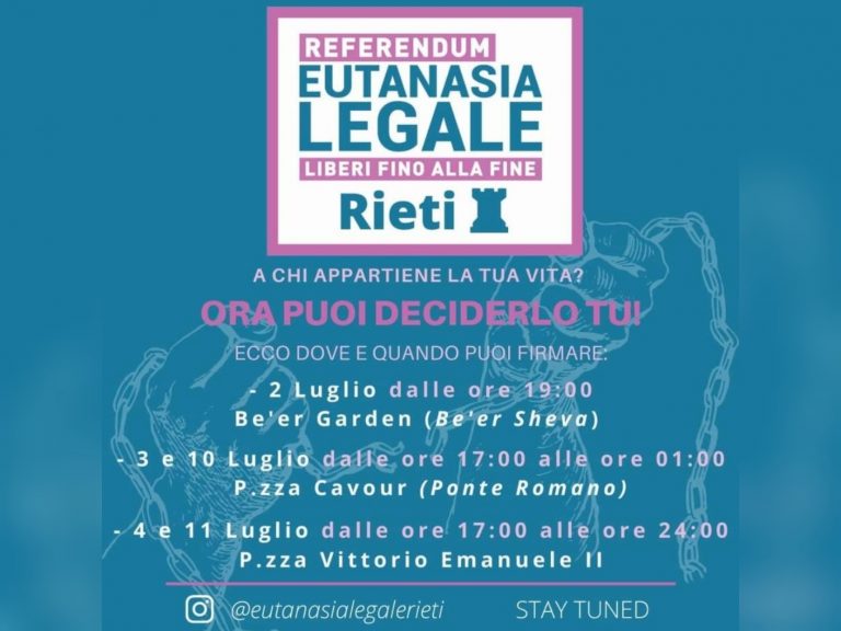 Eutanasia Legale, il 2 e 3 luglio a Rieti torna la raccolta firme