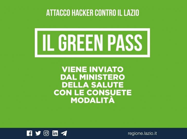 Attacco hacker Lazio, Green Pass viene inviato dal Ministero della Salute con le consuete modalità