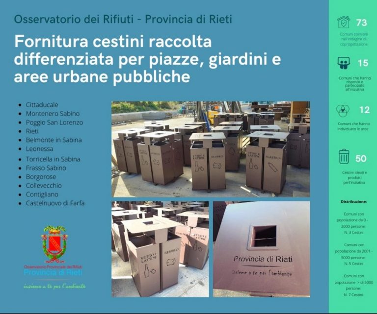 Differenziata, nuovi cestini in dodici Comuni della Provincia reatina