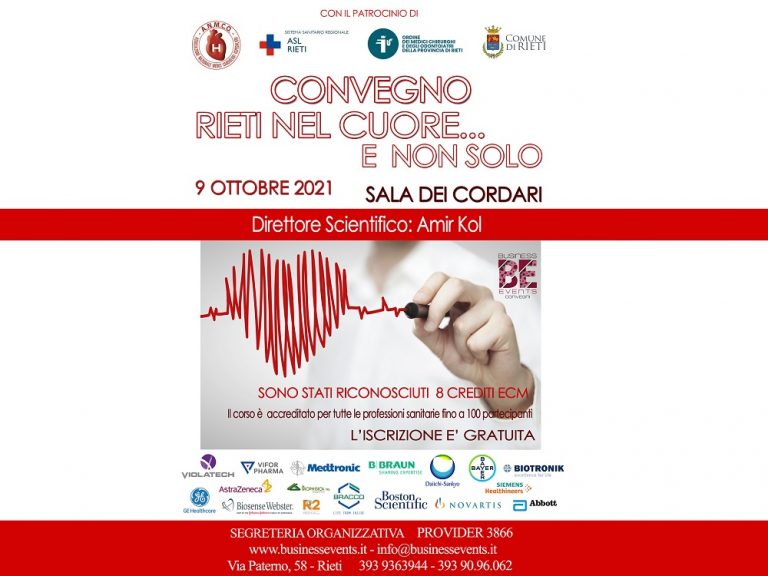 Cardiologia, nuovi farmaci, cure. Se ne parla il 9 ottobre al convegno “Rieti nel cuore… e non solo”