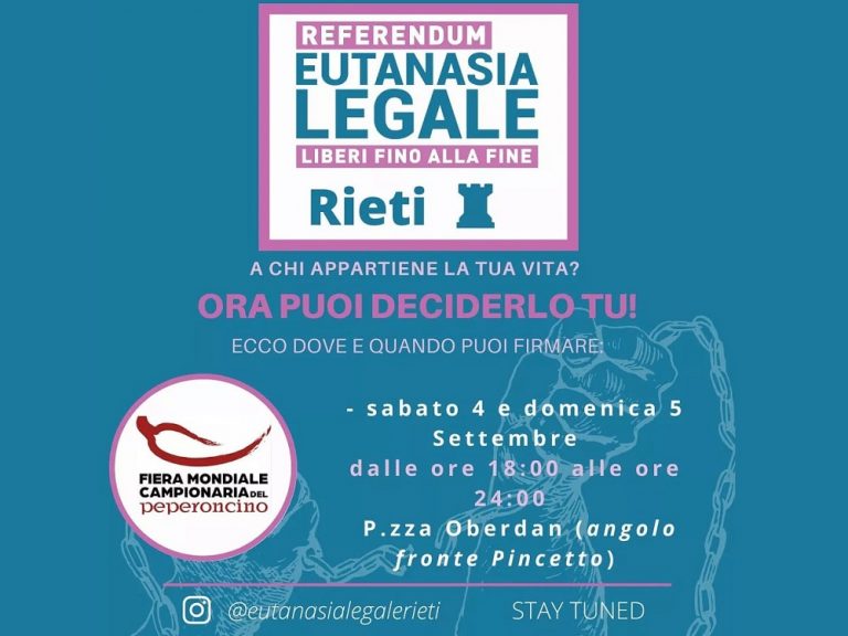 Eutanasia Legale, riprende a Rieti la raccolta firme. Il 4 e 5 settembre