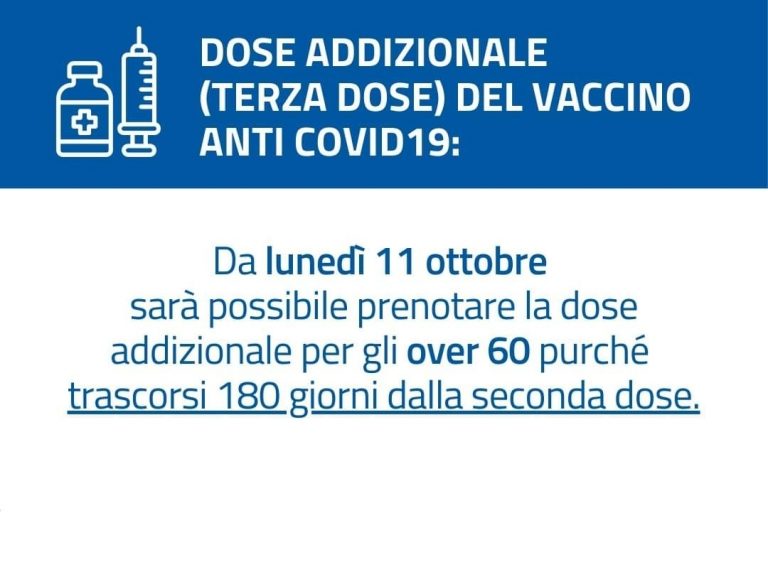 Dall’11 ottobre possibile prenotare la terza dose del vaccino anti Covid over 60