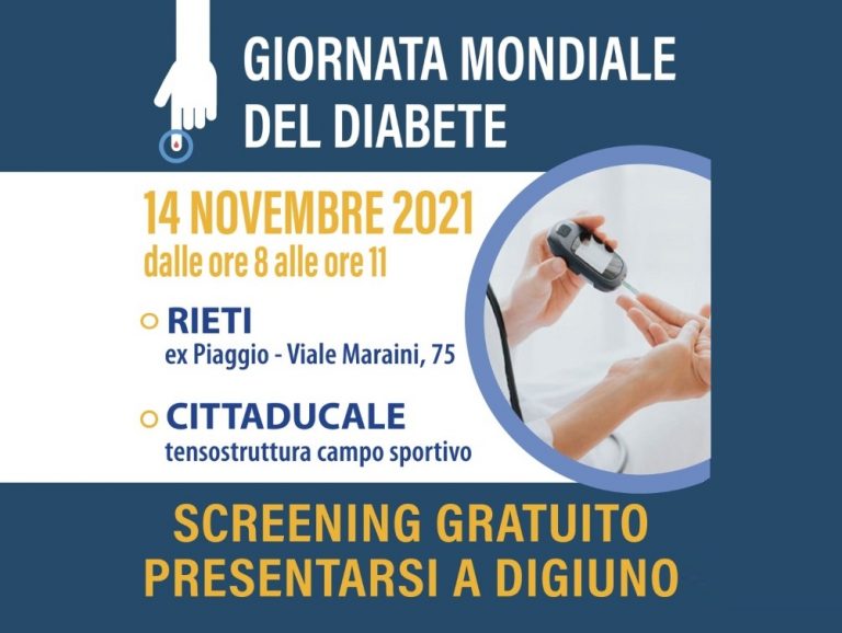 “Giornata Mondiale del Diabete”, il 14 novembre screening gratuiti a Rieti e Cittaducale
