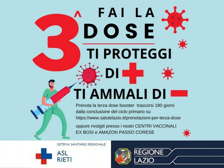 Terza dose vaccino anti Covid, ASL Rieti: “Necessario procedere alla dose di richiamo”