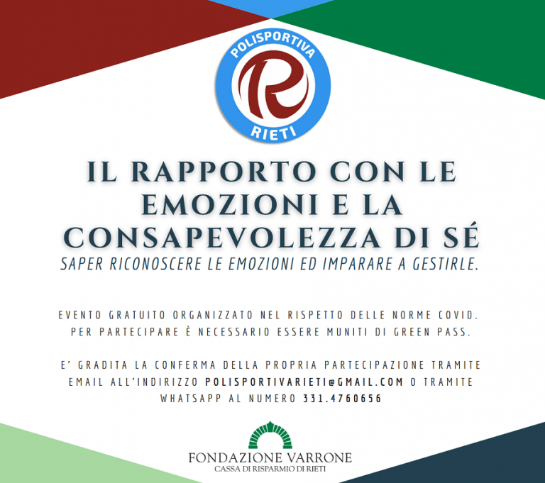 Il 19 novembre a Rieti il convegno “Il rapporto con le emozioni e la consapevolezza di sé”