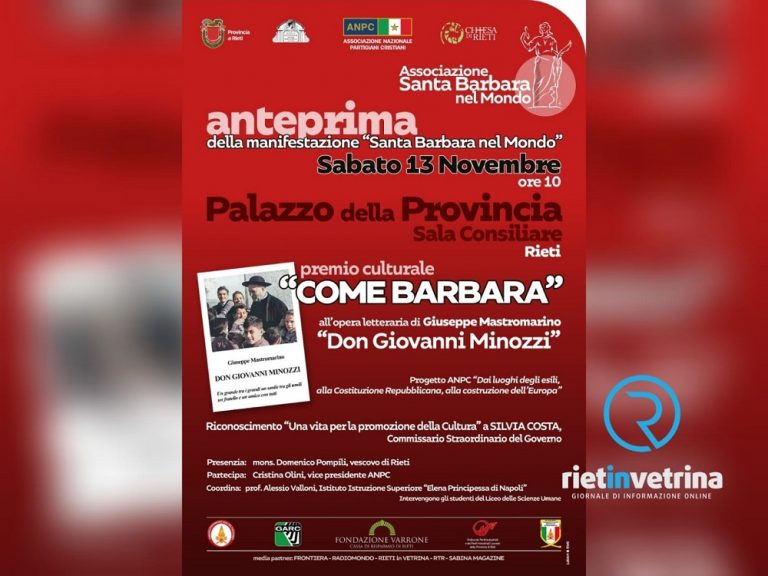 “Premio Come Barbara” all’opera “Don Giovani Minozzi”. Riconoscimento anche a Silvia Costa. Evento il 13 novembre