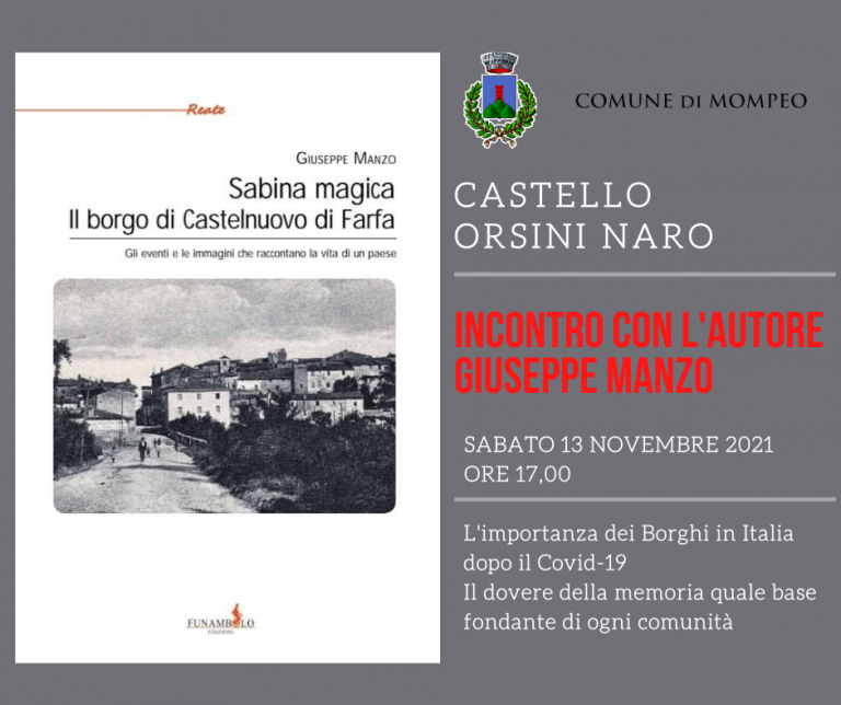 A Mompeo il 13 novembre presentazione del nuovo libro di Giuseppe Manzo “Sabina Magica”