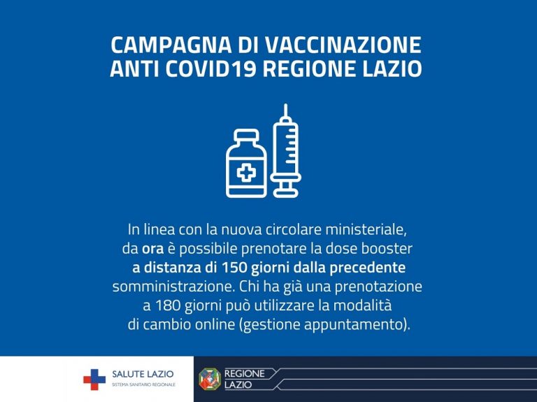 Covid Lazio, da oggi dose vaccino booster anche a 150 giorni dalla precedente