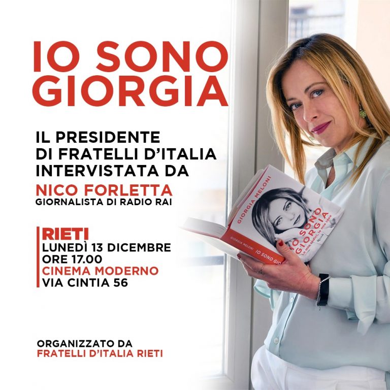 Oggi 13 dicembre Giorgia Meloni ospite a Rieti – MODALITA’ DI ACCESSO ALL’EVENTO