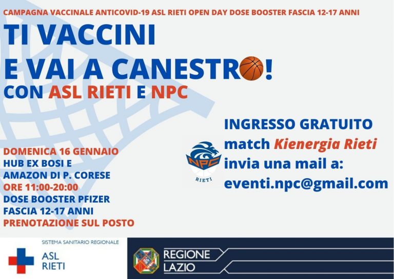 Covid,  Vaccinazione booster fascia 12-17 anni. Se ti vaccini hai un biglietto omaggio dalla NPC Rieti