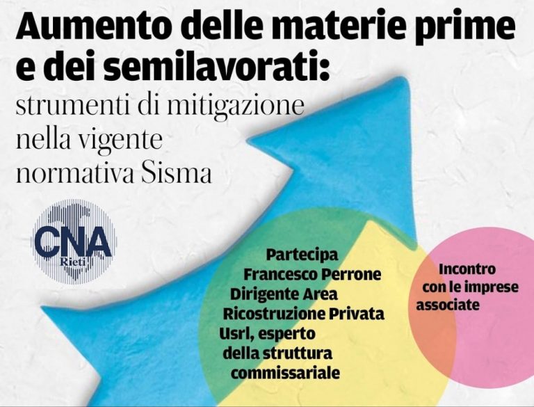 Aumento costi materie prime e semilavorati, il 28 febbraio incontro alla CNA Rieti