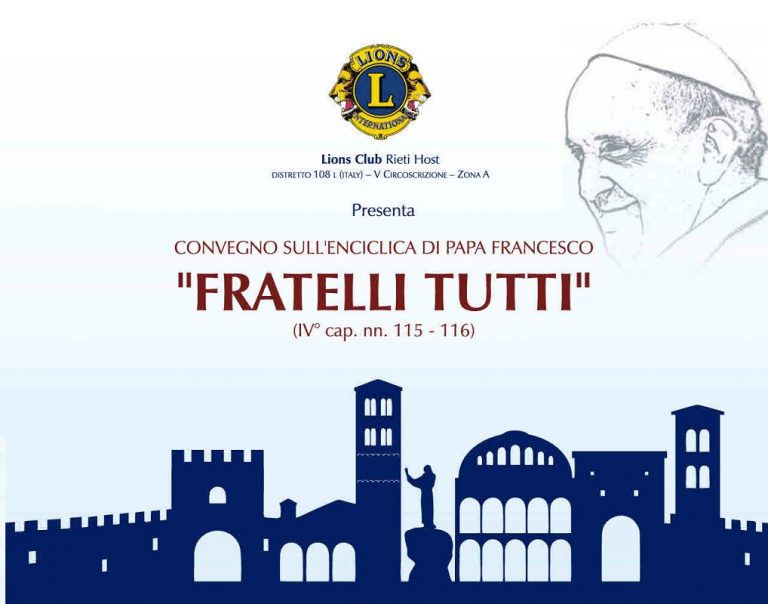 Il 23 marzo convegno Lions Club Rieti Host sull’enciclica di Papa Francesco “Fratelli tutti”