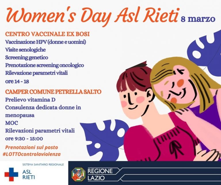 Giornata della donna 8 marzo, a Rieti e Petrella Salto screening, vaccinazione anti-papilloma virus HPV, visite senologiche e prenotazione screening oncologici