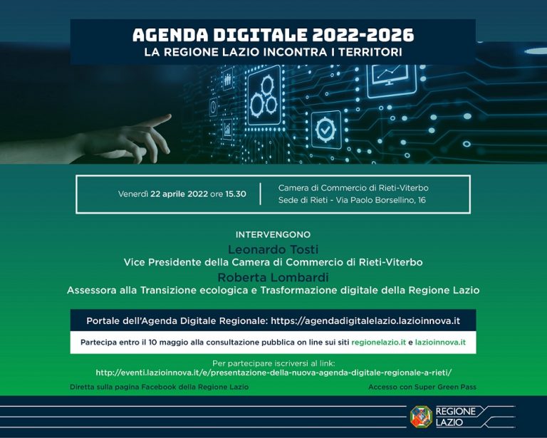 Agenda digitale regionale, il 22 aprile presentazione a Rieti in Camera di Commercio