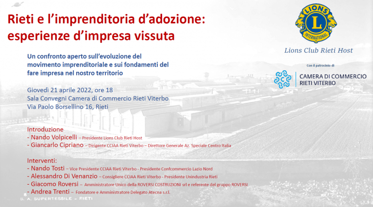 Giovedì 21 aprile si terrà il Convegno “Rieti e l’imprenditoria d’adozione: esperienze d’impresa vissuta”
