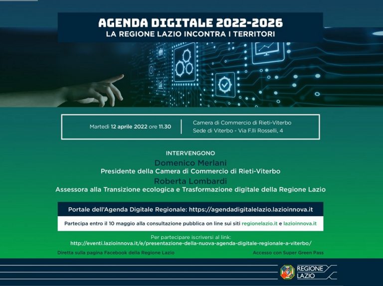 CCIAA Rieti-Viterbo, il 12 aprile presentazione dell’Agenda digitale regionale