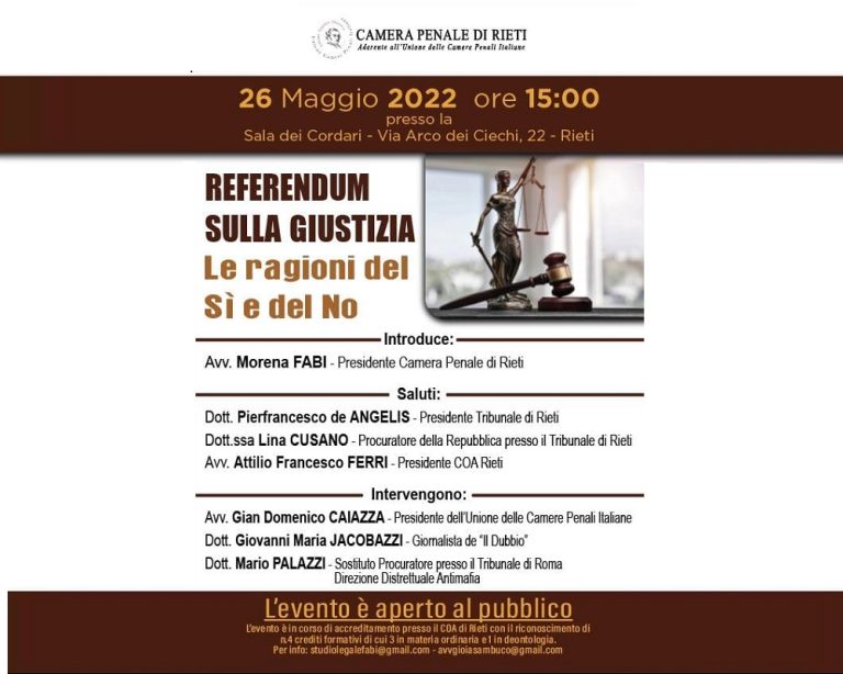 Referendum sulla Giustizia, il 26 maggio a Rieti convegno di approfondimento