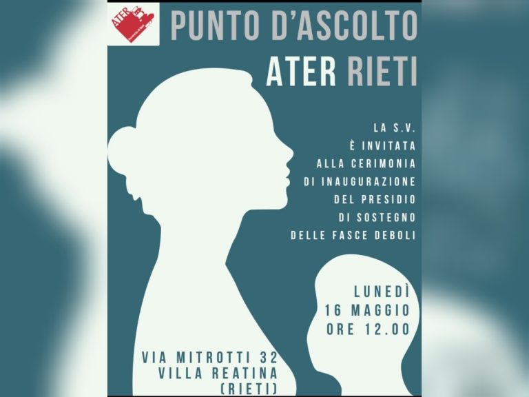 Lunedì  16 maggio a Villa Reatina inaugurazione “Punto d’Ascolto ATER Rieti”