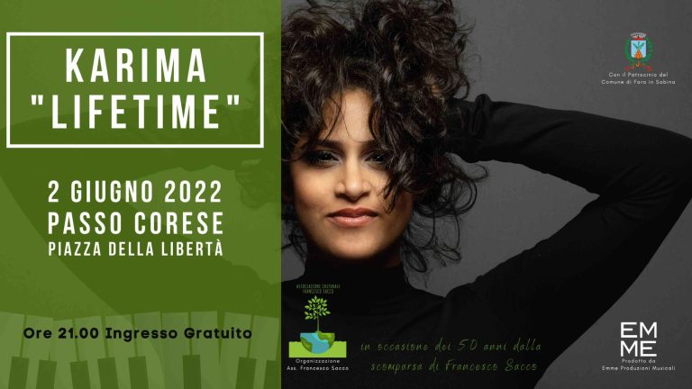 Karima il 2 giugno in concerto a Passo Corese
