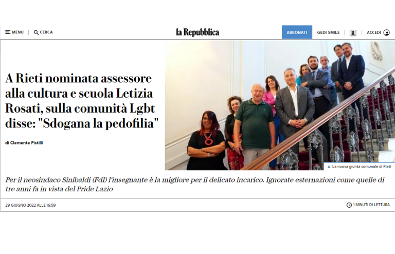La Repubblica sulla nomina di Letizia Rosati ad assessora. Sulla comunità LGBT+ disse: “Sdogana la pedofilia”