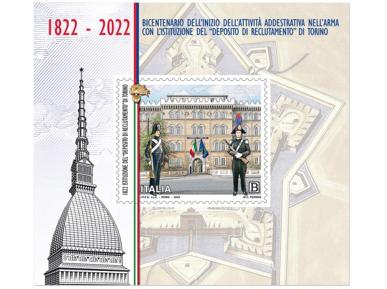 Emesso francobollo dedicato al Bicentenario inizio attività addestrativa Arma con istituzione deposito di reclutamento Torino