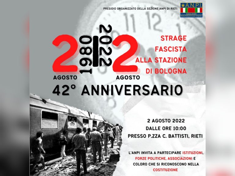 Il 2 agosto ANPI Rieti ricorda le vittime della strage di Bologna