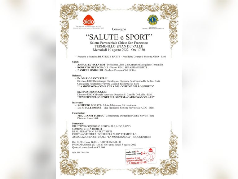 Il 10 agosto sul Terminillo il convegno AIDO “Salute e Sport”