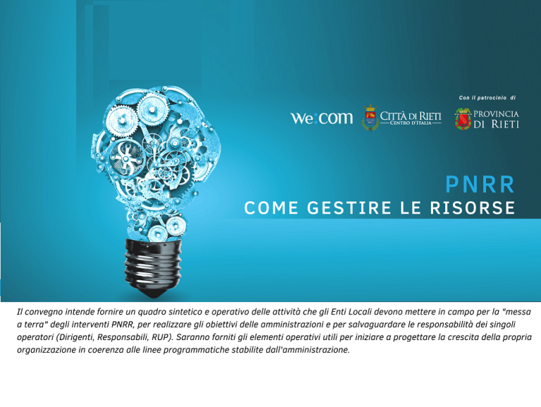 “PNRR: come gestire le risorse”, il 6 ottobre convegno a Rieti