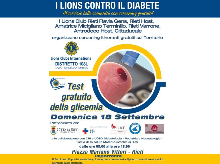 Lions Rieti contro il diabete. Il 18 settembre screening gratuiti a largo Vittori