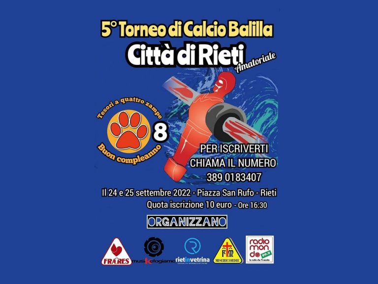 Il 24 e 25 settembre 5° Torneo di Calcio Balilla “Città di Rieti” – ISCRIZIONI APERTE