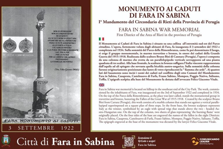 Il 3 settembre a Fara in Sabina celebrazione centenario Monumento Mandamentario