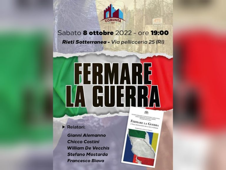L’8 ottobre a Rieti presentazione documento e comitato “Fermare la Guerra, Salvare la Pace”