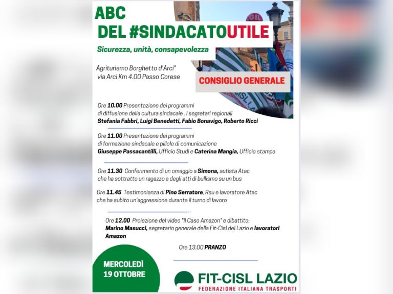 Il 19 ottobre a Passo Corese consiglio generale Fit-Cisl Lazio. Premio a Simona, autista ATAC che ha detto NO al bullismo