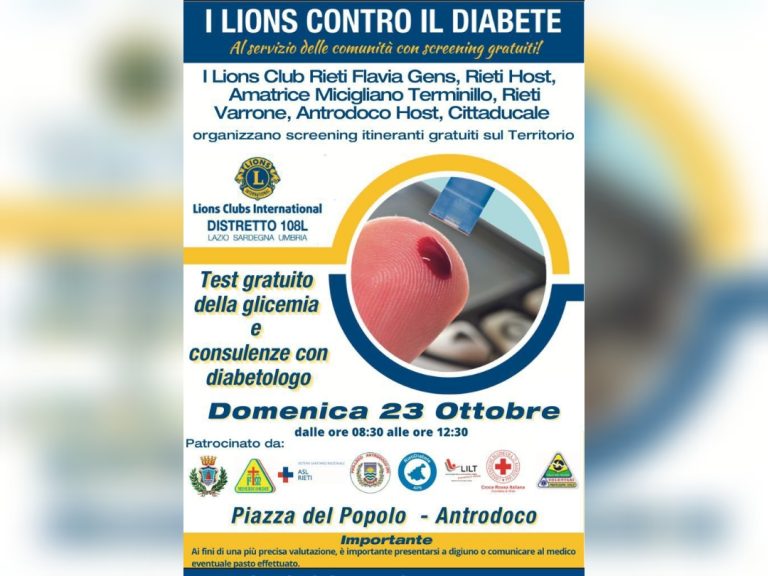 I Club Lions Rieti contro il diabete. Il 23 ottobre screening ad Antrodoco