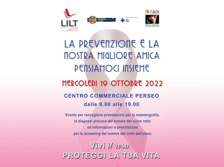 Ottobre Rosa, il 19 ottobre a Rieti raccolta iscrizioni mammografie, esami colon retto e collo dell’utero