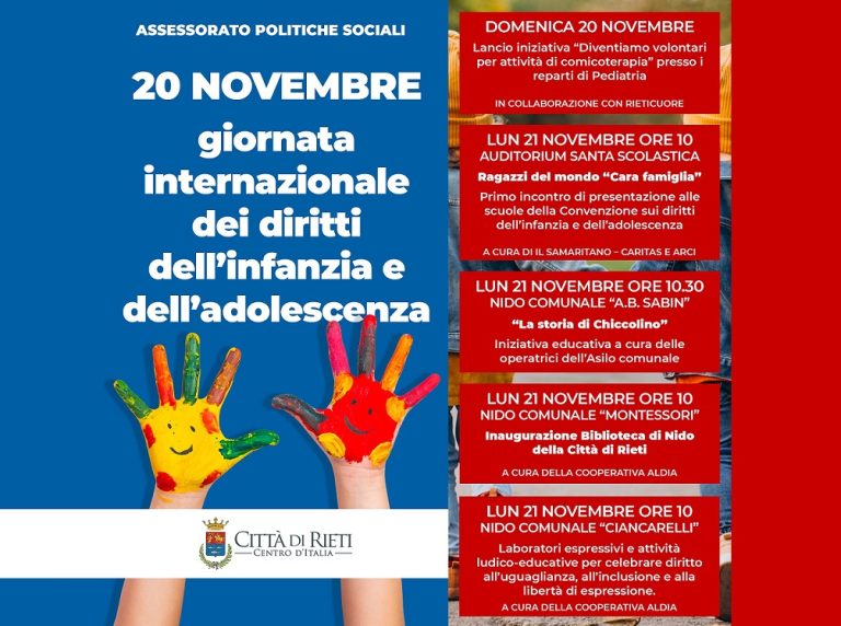 Giornata diritti dell’infanzia e adolescenza, gli eventi a Rieti con inaugurazione Biblioteca di Nido