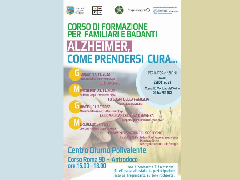 Alzheimer, corso di formazione per familiari e badanti. Quattro incontri ad Antrodoco