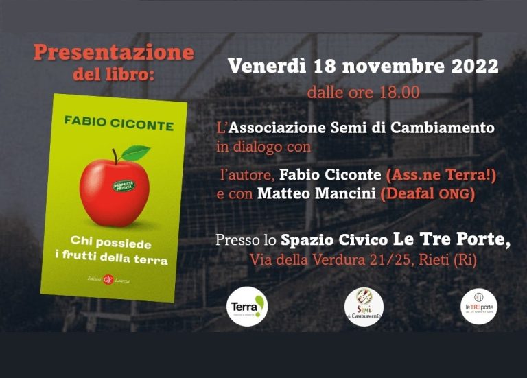 Venerdì 18 novembre a Rieti presentazione del libro “Chi possiede i frutti della terra” di Fabio Ciconte