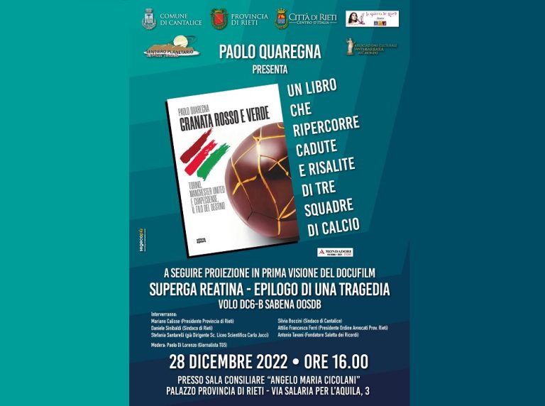 Il 28 dicembre a Rieti presentazione del libro “Granata rosso e verde”, che ripercorre le cadute e le risalite di Torino, Manchester United e Chapecoense